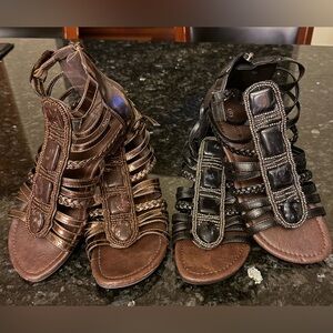 2 PAIRS Gladiator Sandals Flats Size 6.5 Bronze & Black With Silver Beading Lot